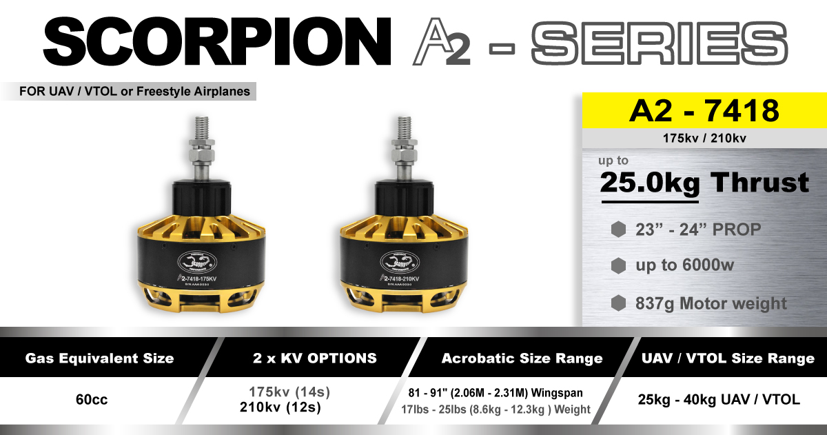 Scorpion A2-7418-210kv (60cc / 5900w / 12s) features